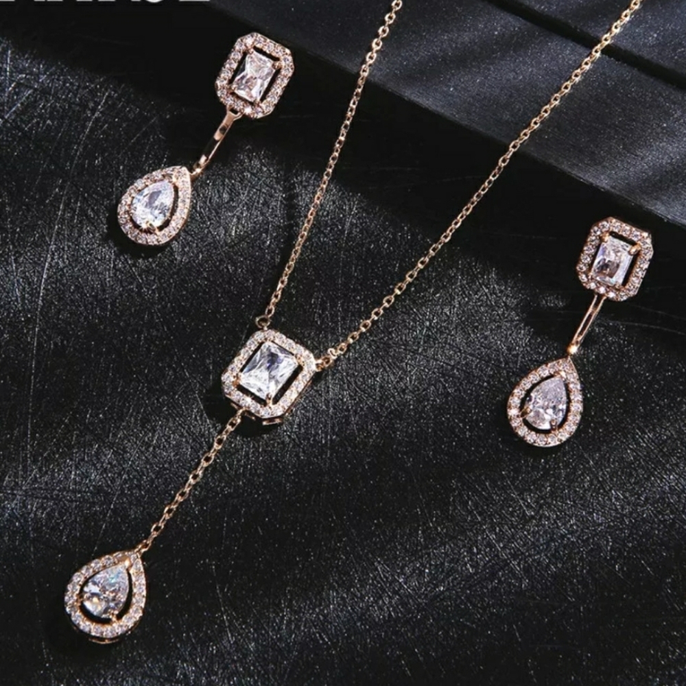 FINAL SALE 18KP Gold Water Drop & Baguette White Sapphire Neck & Ear